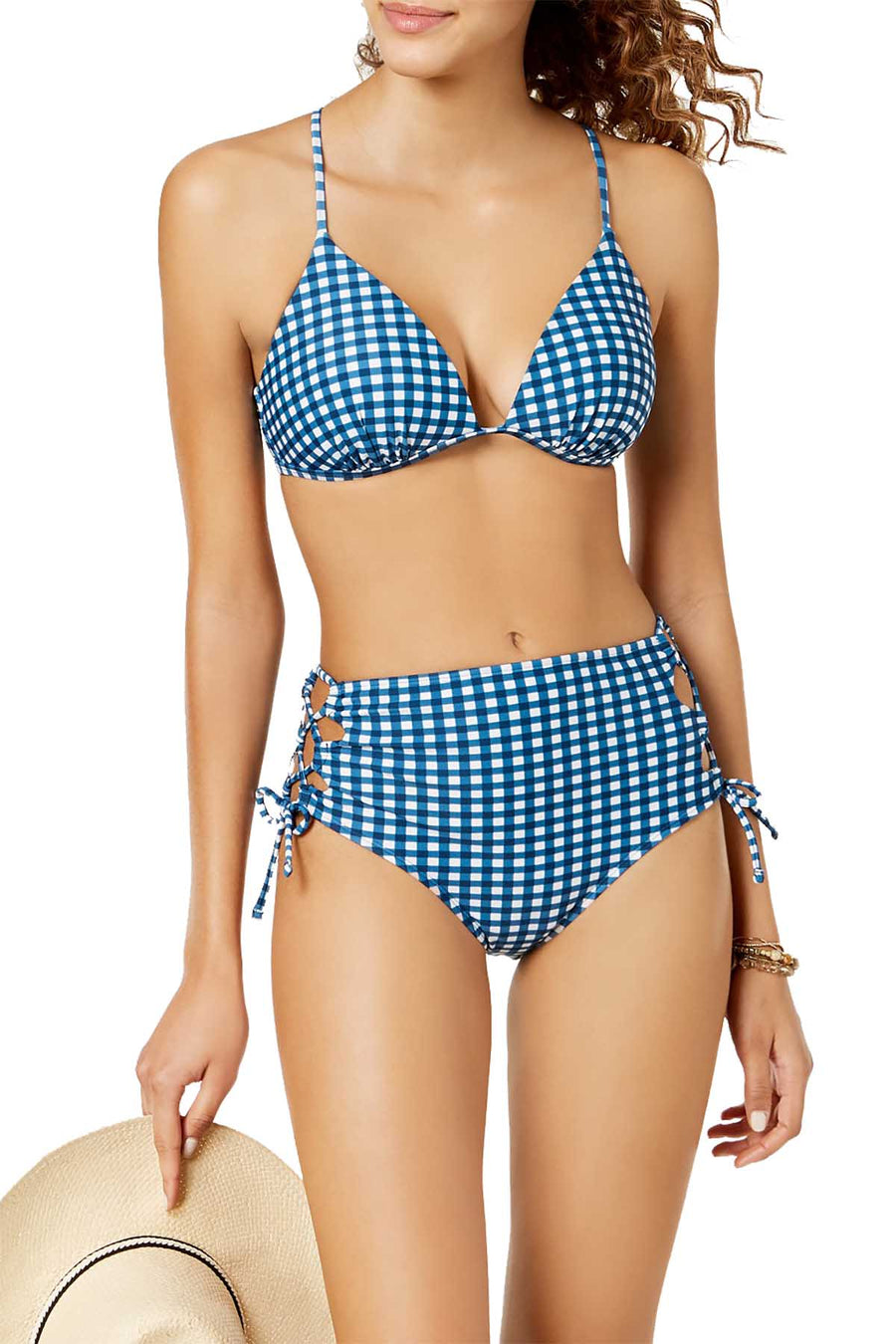 Hula Honey High Waist Lace Up Bikini Bottom in Blue Picnic Gingham