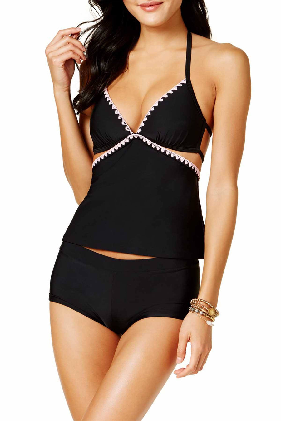 Hula Honey Shell Stitch Cutout Halter Tankini Top in Black/Pink