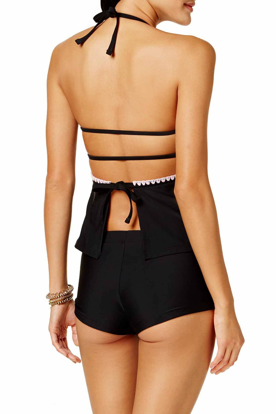 Hula Honey Shell Stitch Cutout Halter Tankini Top in Black/Pink