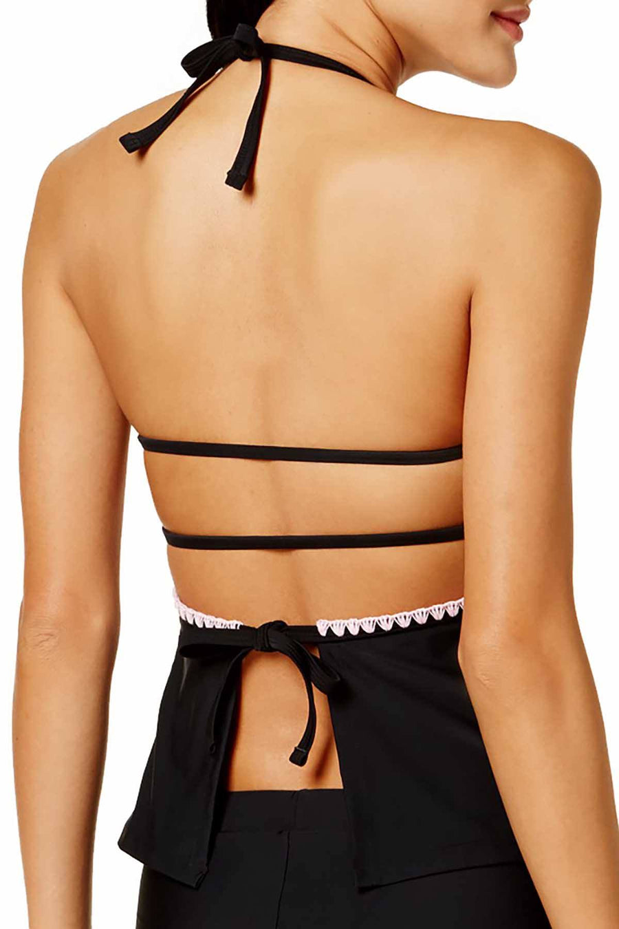 Hula Honey Shell Stitch Cutout Halter Tankini Top in Black/Pink