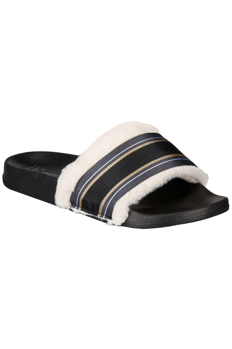INC International Concepts Black/Multi Faux Fur Varsity Slide Slippers