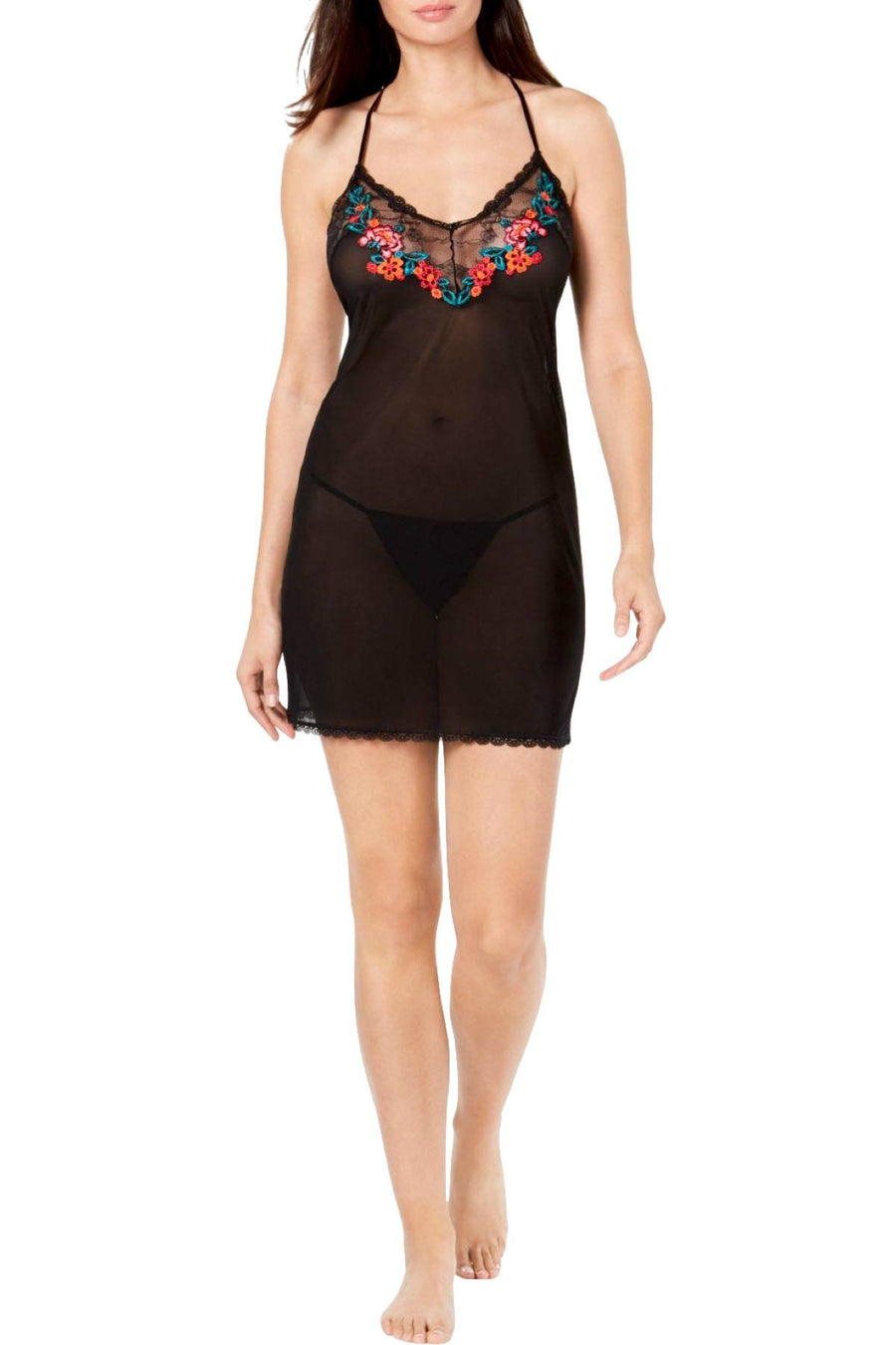 INC International Concepts Embroidered Chemise / Panty Set in Deep Black