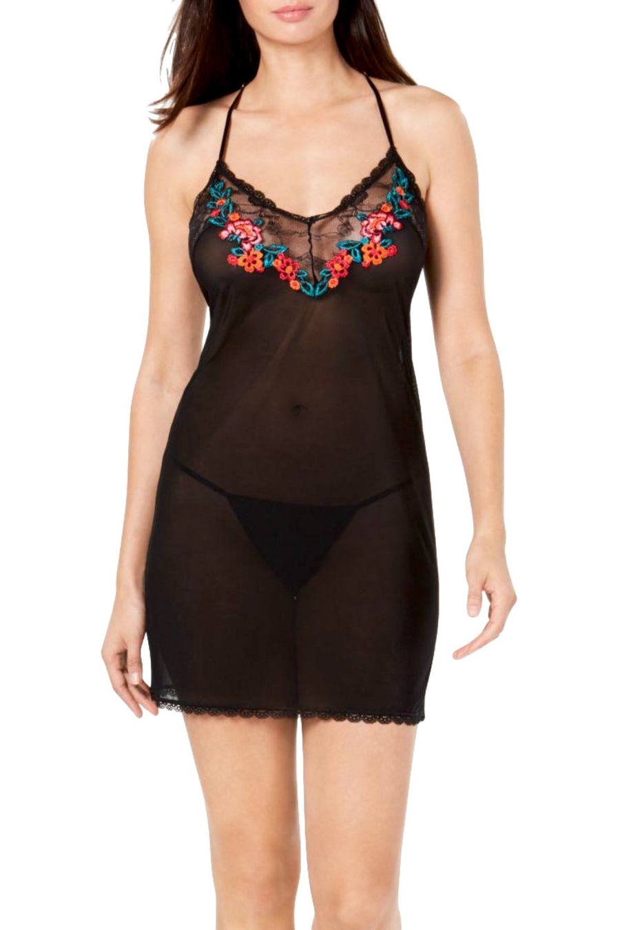 INC International Concepts Embroidered Chemise / Panty Set in Deep Black