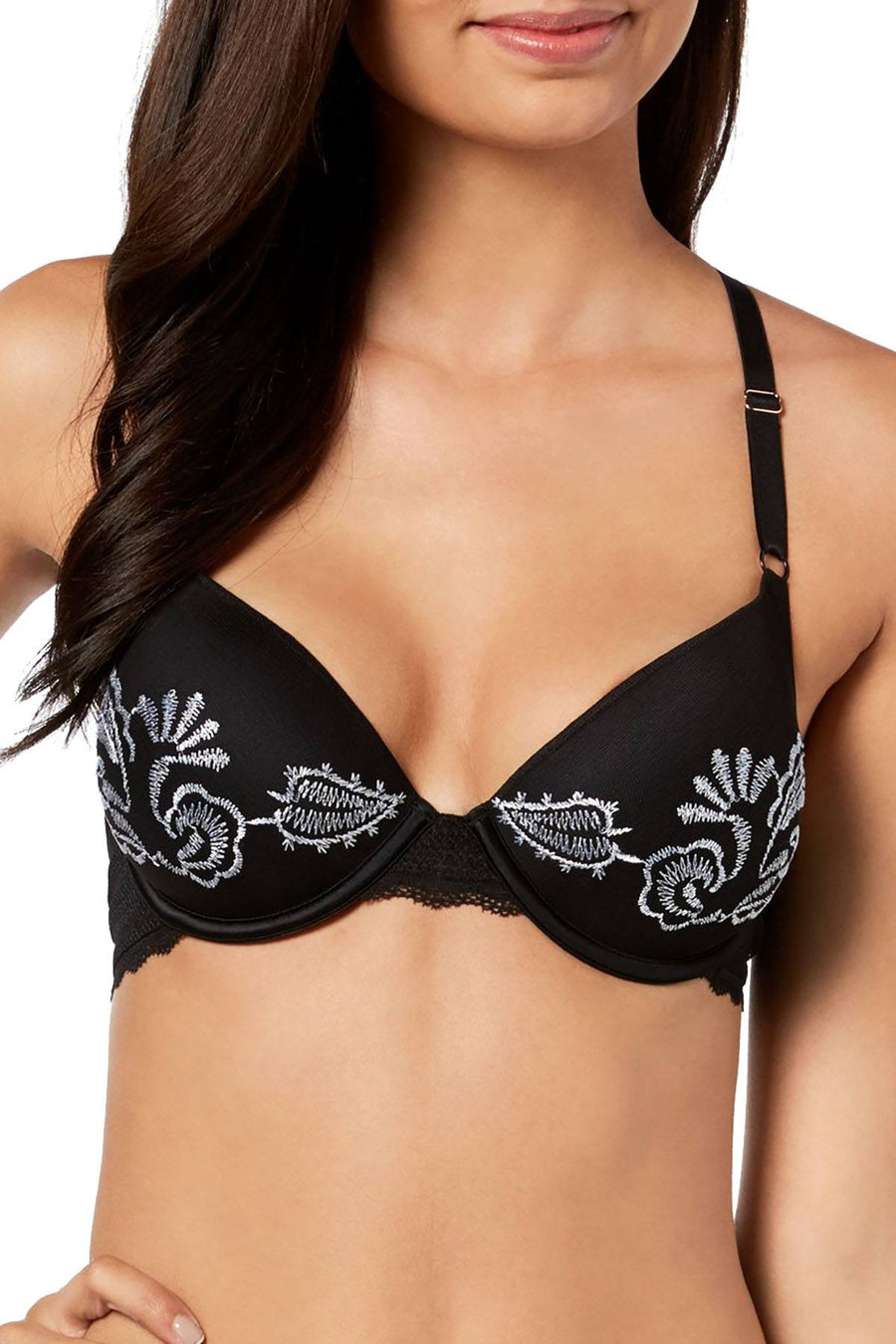 INC International Concepts Embroidered Lace Back Demi Bra in Black