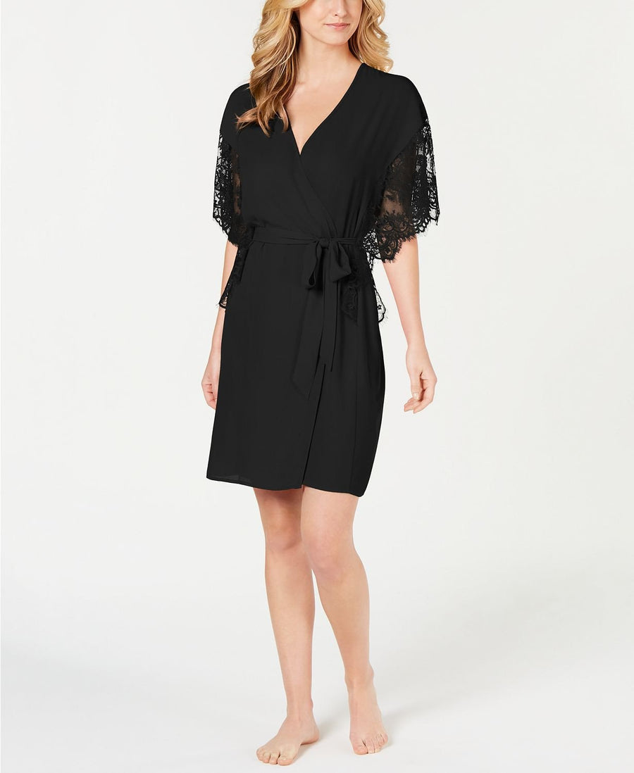 INC International Concepts Lace Sleeve Chiffon Wrap Robe in Deep Black