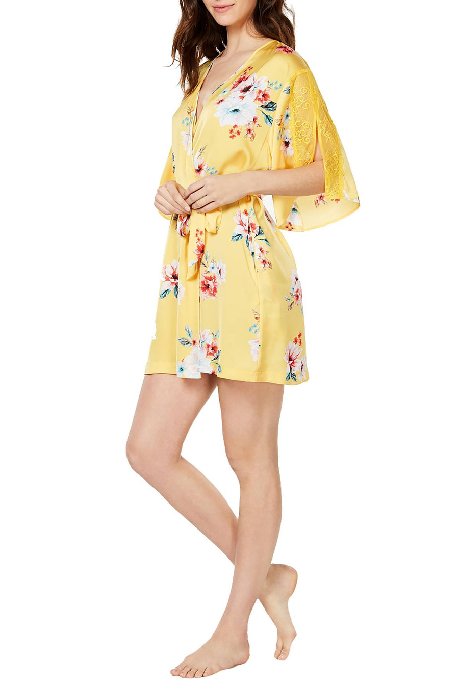 INC International Concepts Lace Trim Wrap Robe in Tropical Carnival Yellow