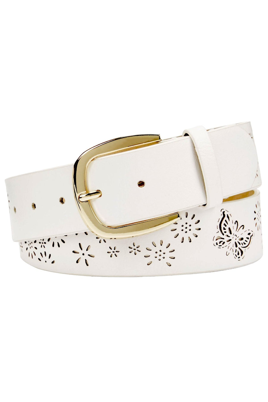 INC International Concepts Perforated Flowers Belt in White/Gold