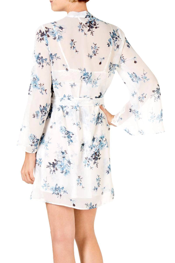 INC International Concepts Printed Lace Trim Chiffon Wrap Robe in Hummingbird Floral