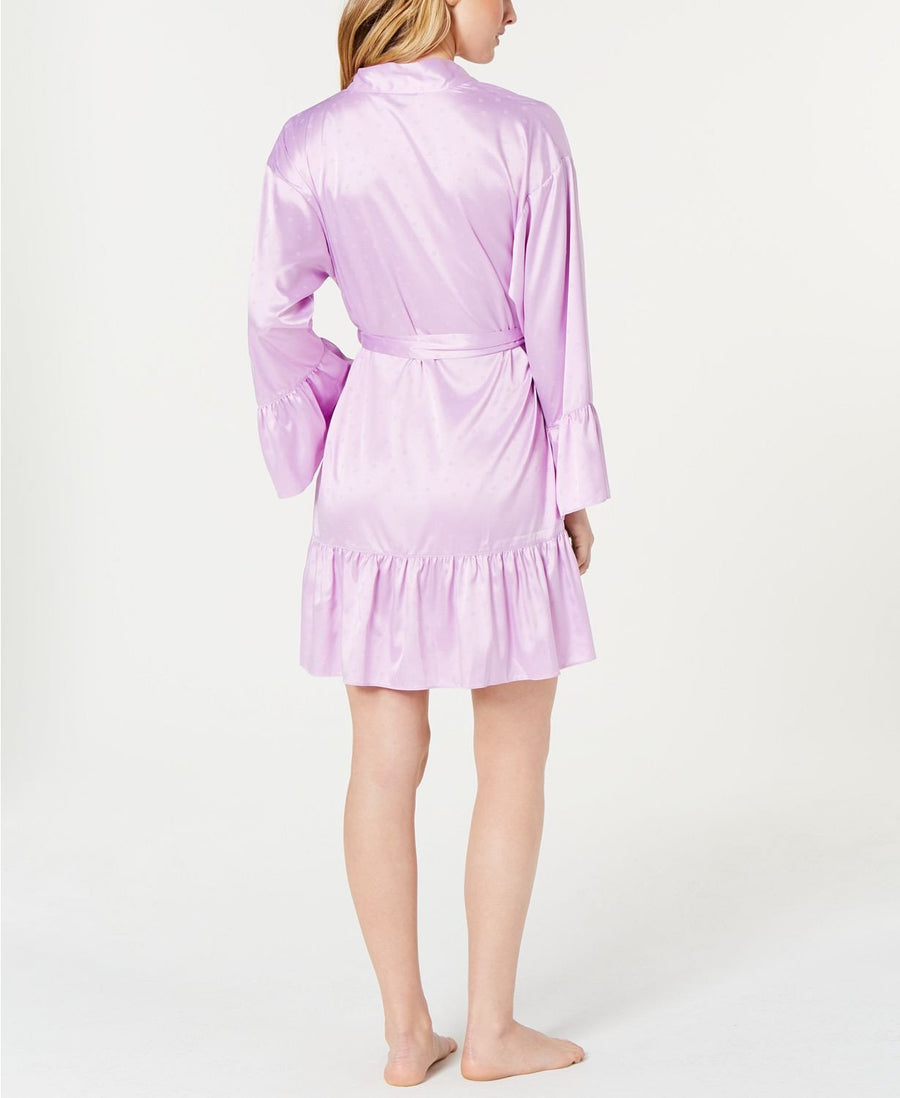 INC International Concepts Satin Jacquard Flounce Wrap Robe in Ditsy Daisy Purple