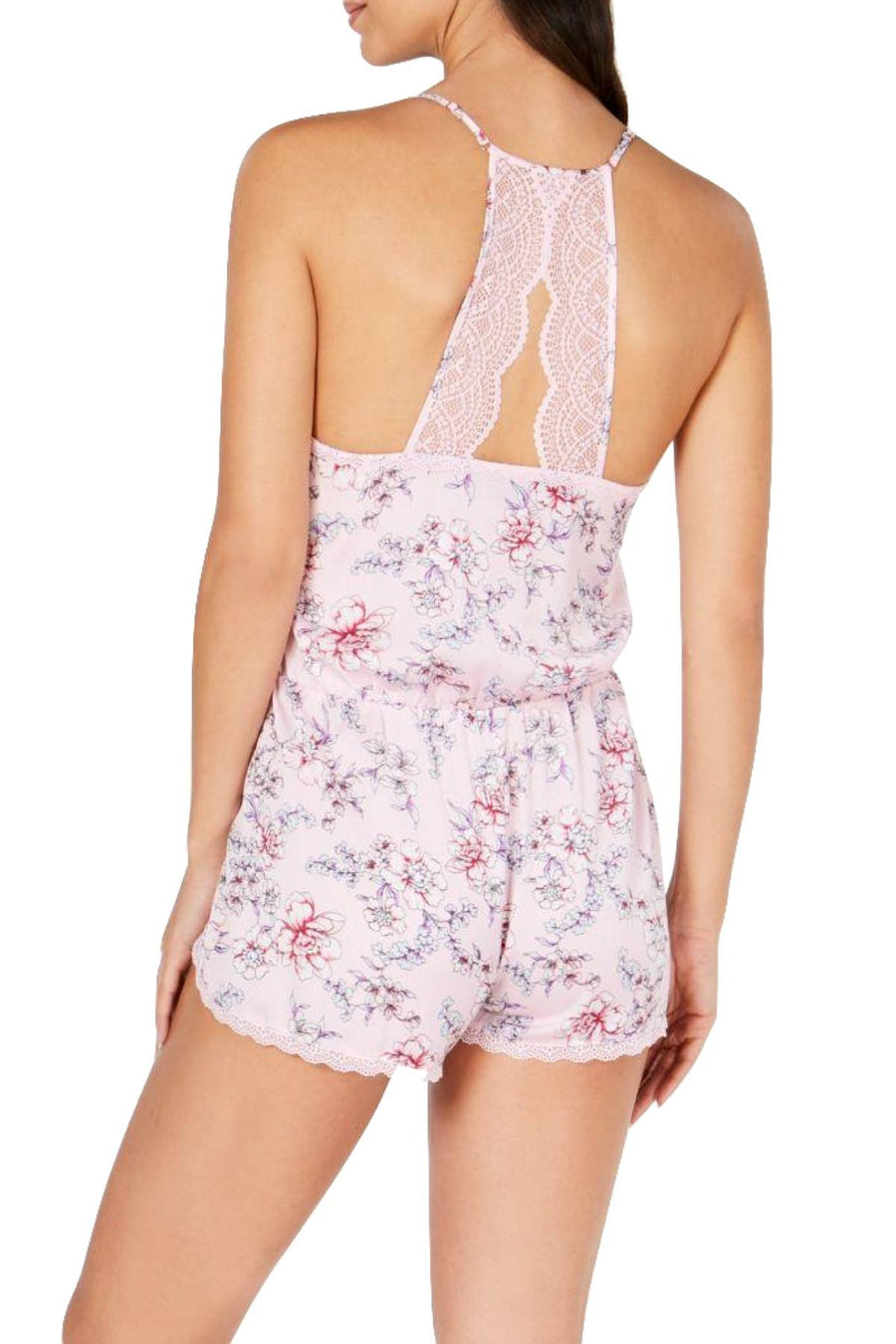 INC International Concepts Satin Lace Trimmed Printed Pajama Romper in Pastel Floral Vine