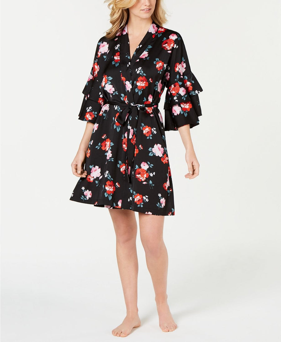 INC International Concepts Satin Printed Flounce Sleeve Wrap Robe in Valentine Roses