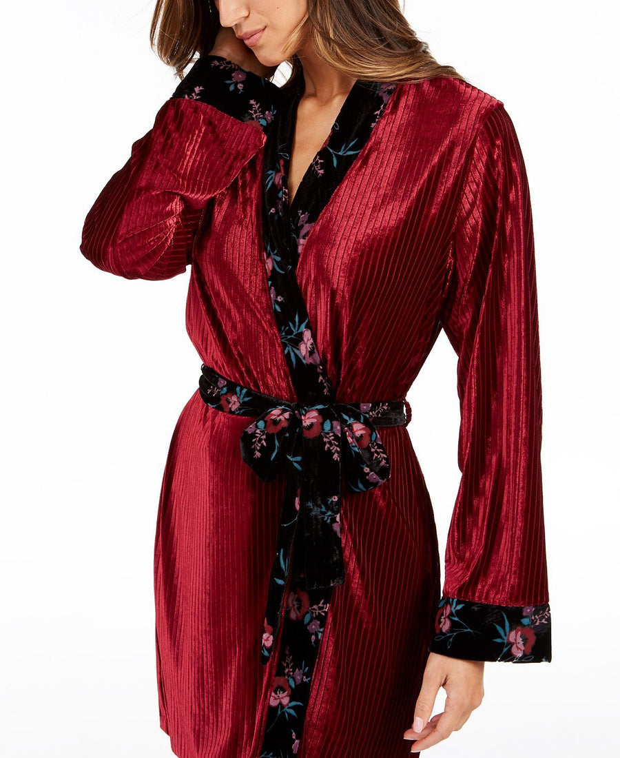 Inc International Concepts Inc Wo Floral Trim Velvet Ribbed Robe Cherry Pie