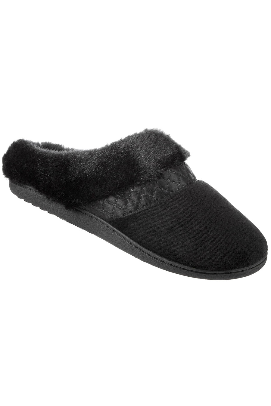 Isotoner Signature Black Velour/Faux-Fur Enhanced Heel Cushion Slippers