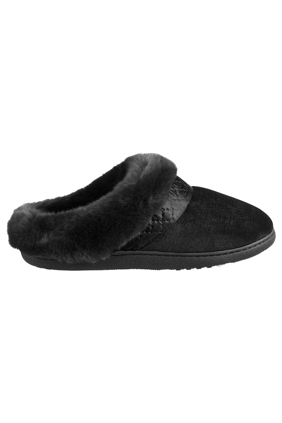 Isotoner Signature Black Velour/Faux-Fur Enhanced Heel Cushion Slippers