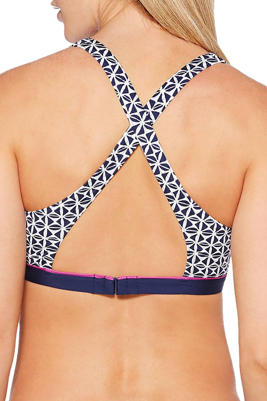 JAG Tiki Twist Front Crossback Bikini Top in Navy