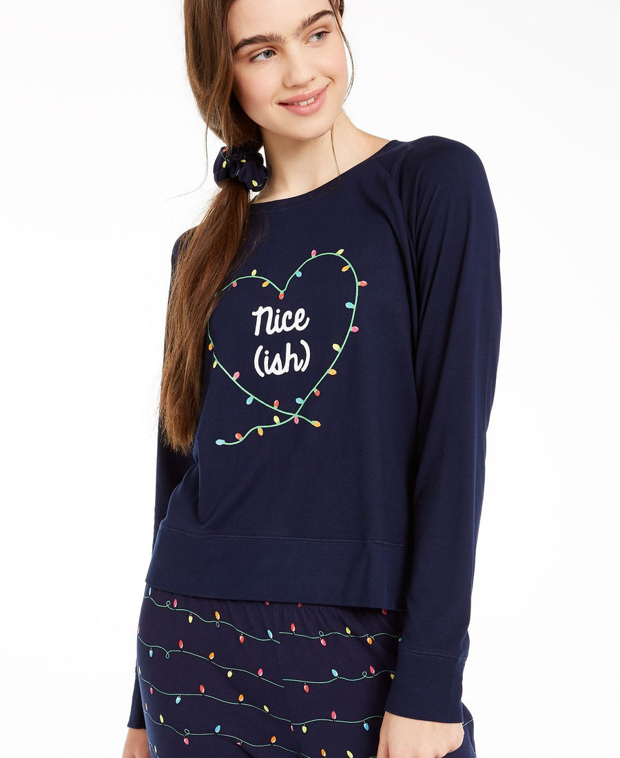 Jenni Printed Pajamas & Hair Scrunchie 3pc Set Christmas Lights