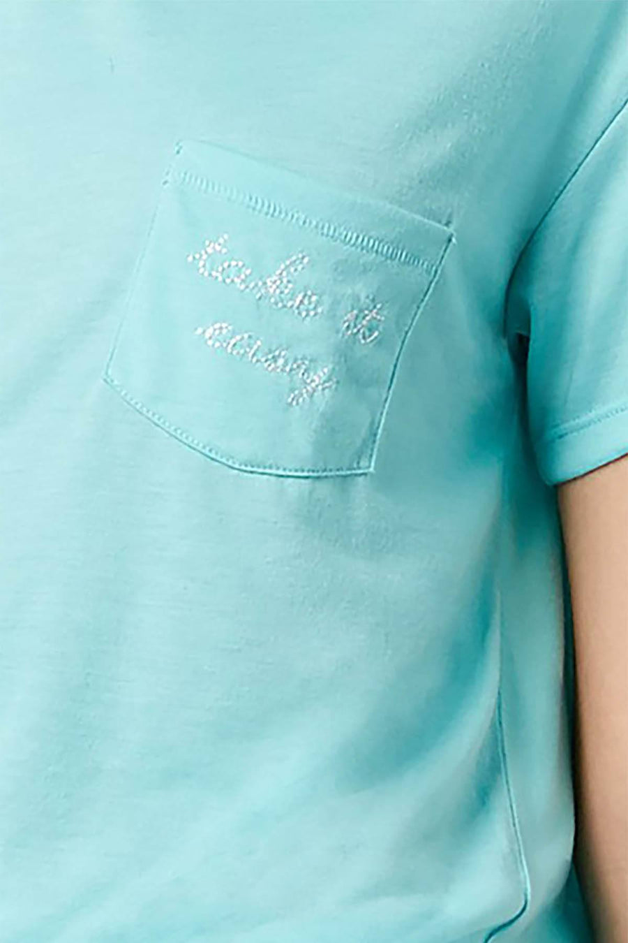 Jenni by Jennifer Moore Aqua Embroidered Text Pocket Tee