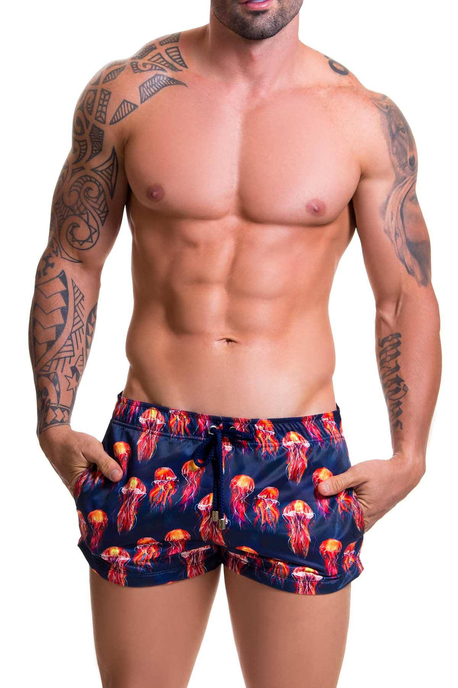 Jor Navy/Red Jellyfish-Printed Beach Mini Swim Short