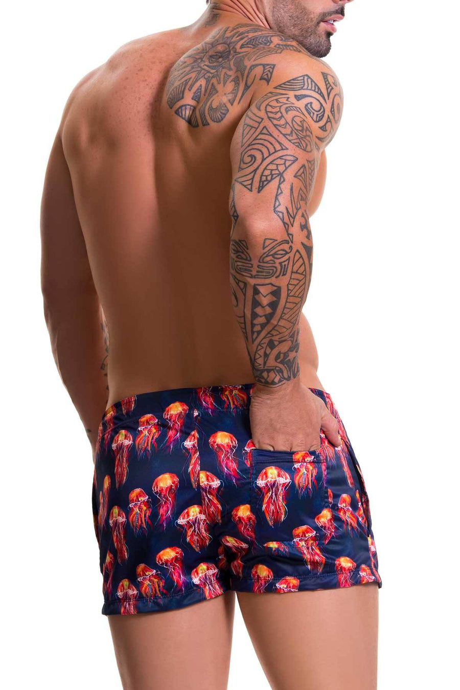 Jor Navy/Red Jellyfish-Printed Beach Mini Swim Short