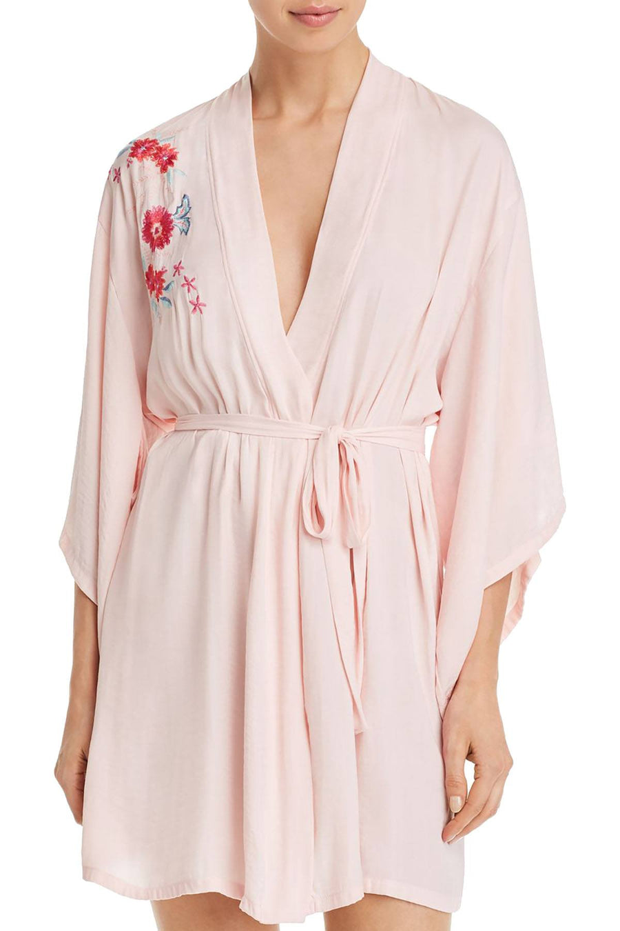 Josie by Natori Bardot Boho Embroidery Wrap Robe in Light Pink