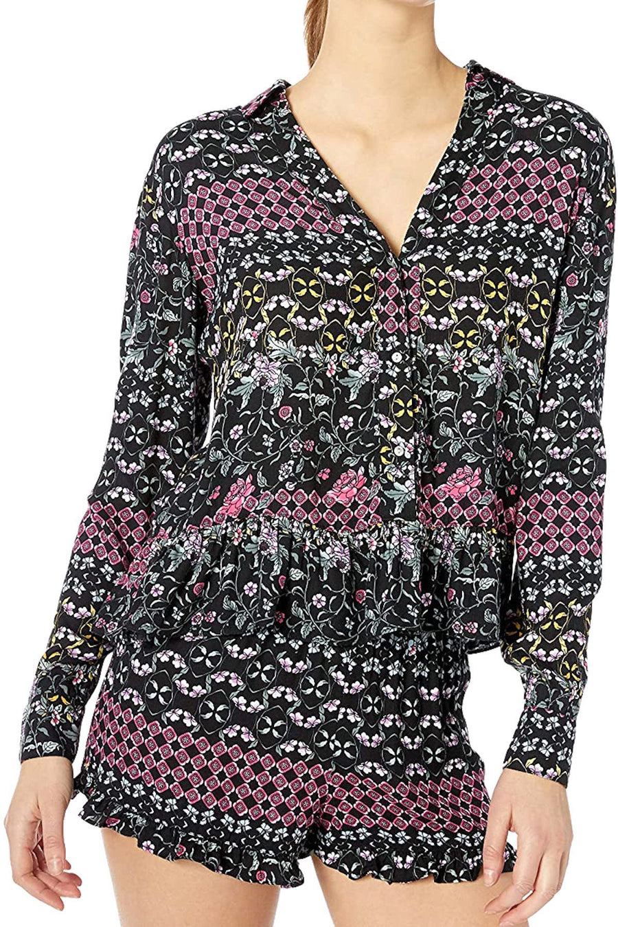 Josie by Natori Printed Twill Short Set in Black/Multi