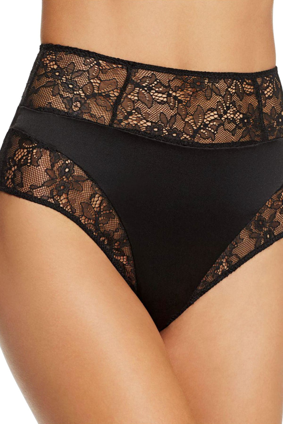KENDALL+KYLIE Black Satin/Lace High-Waist Cheeky Bikini Brief