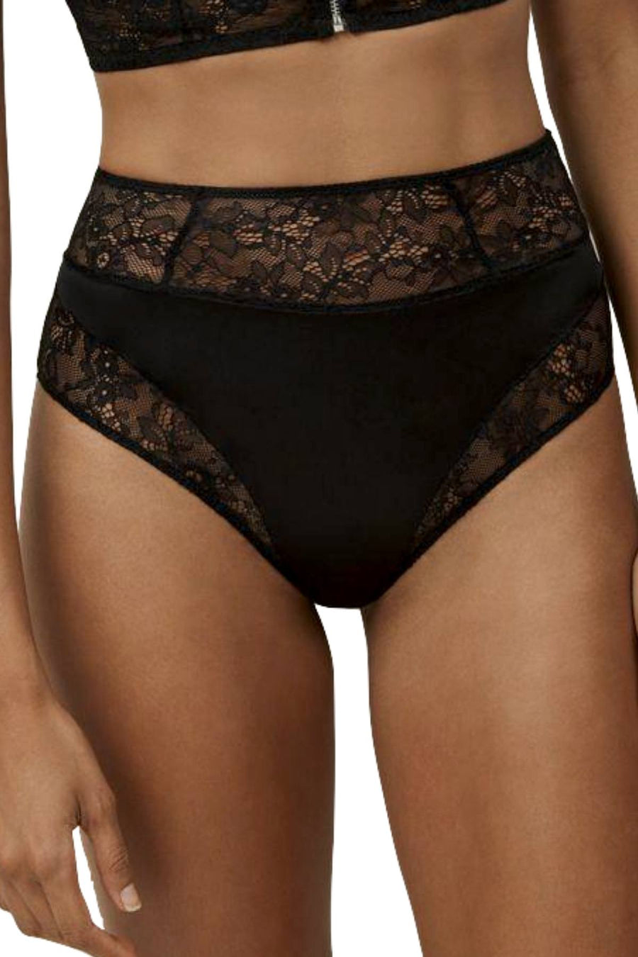 KENDALL+KYLIE Black Satin/Lace High-Waist Cheeky Bikini Brief