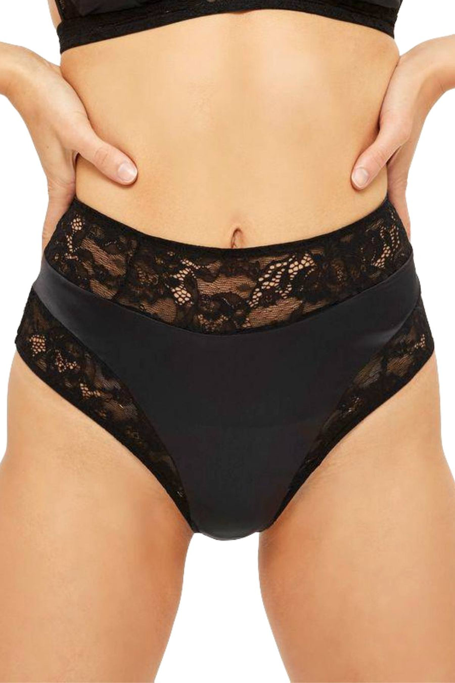 KENDALL+KYLIE Black Satin/Lace High-Waist Cheeky Bikini Brief