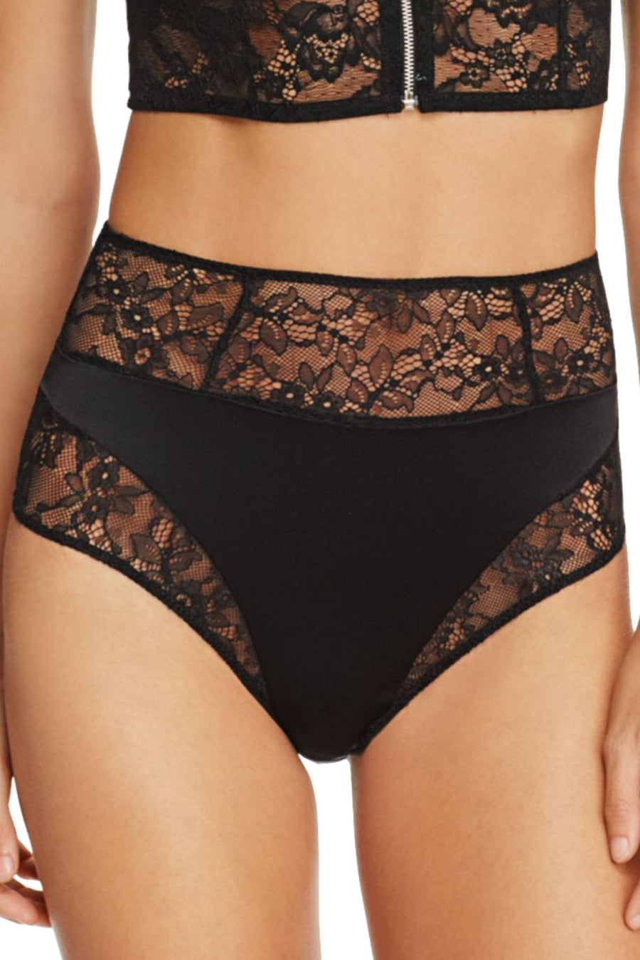 KENDALL+KYLIE Black Satin/Lace High-Waist Cheeky Bikini Brief