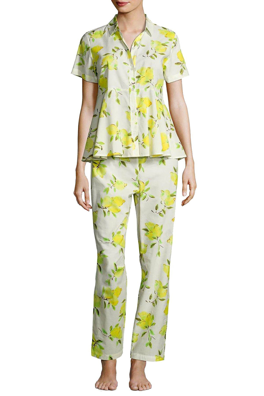 Kate Spade New York Yellow/White Lemon Printed Peplum 2-Pc PJ Set