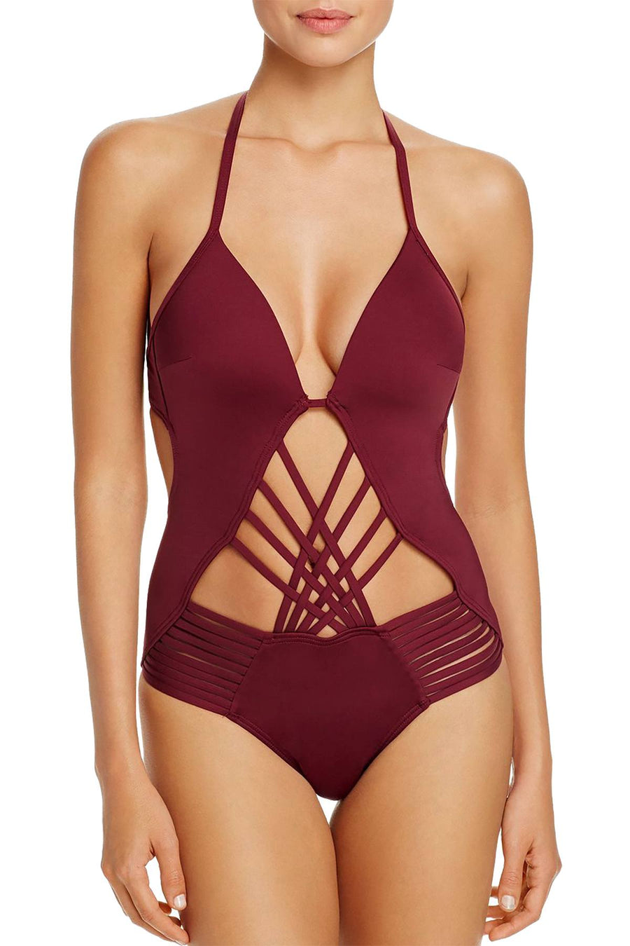 Kenneth Cole Burgundy Shirr Thing Strappy Swimsuit