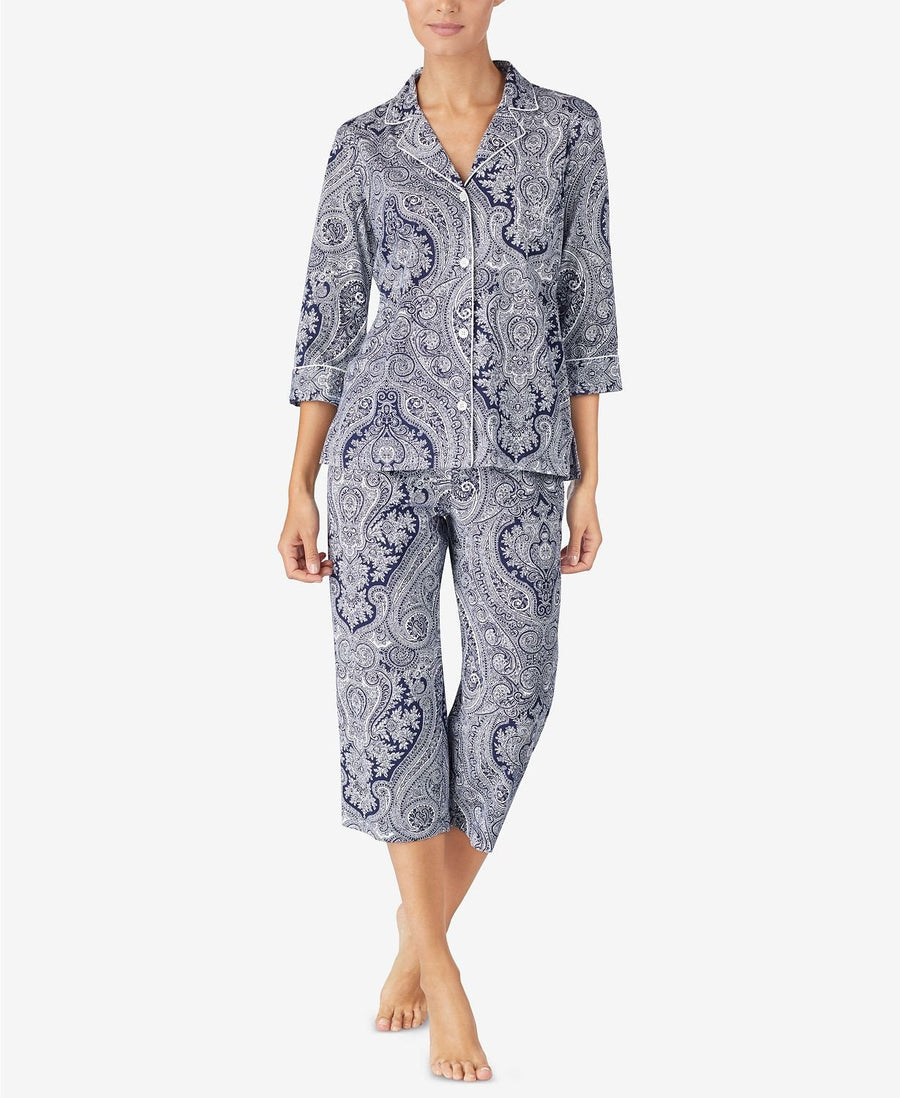 Lauren Ralph Lauren 3/4 Sleeve Cotton Notch Collar/Capri Pant PJ Set in Navy Print