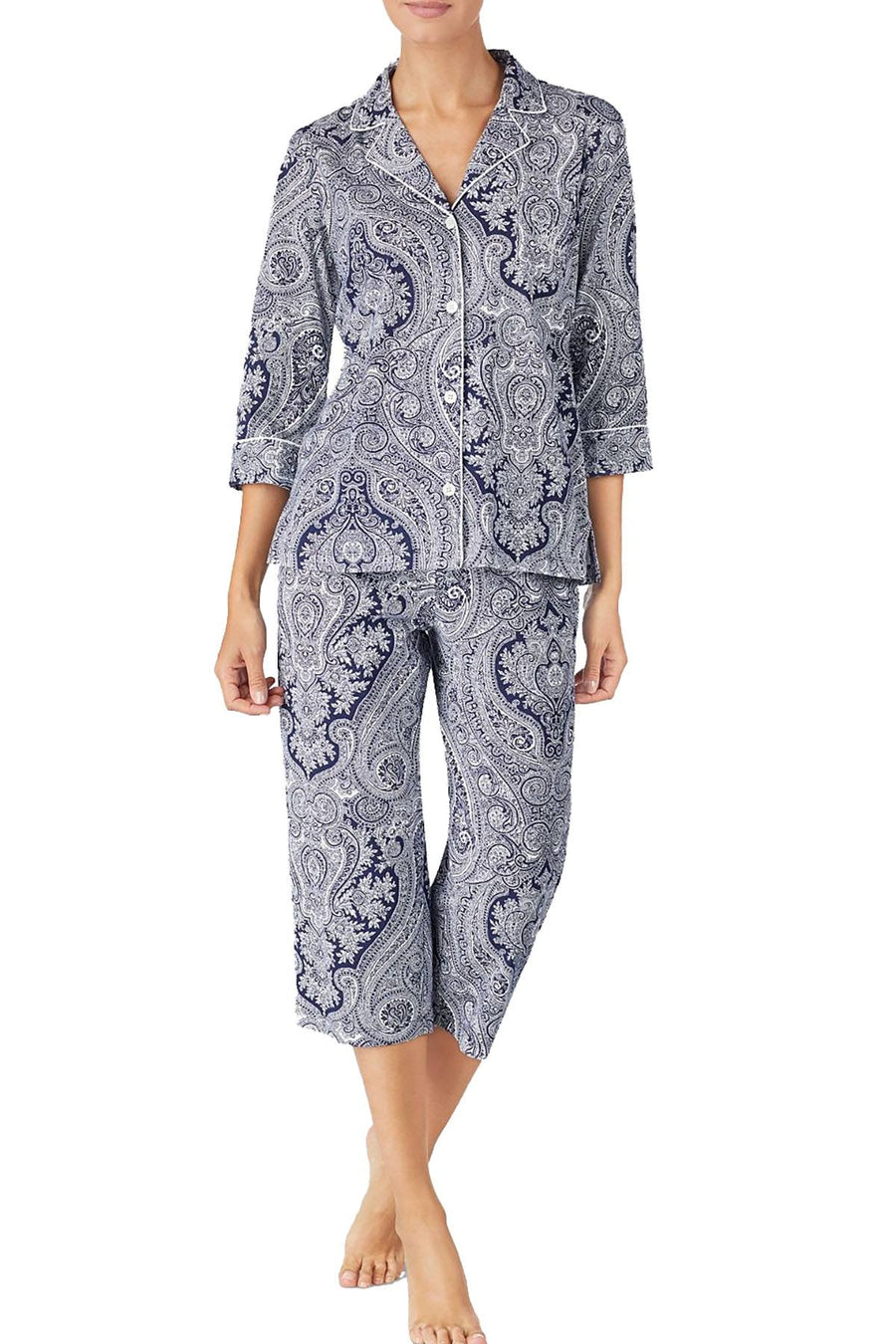 Lauren Ralph Lauren 3/4 Sleeve Cotton Notch Collar/Capri Pant PJ Set in Navy Print