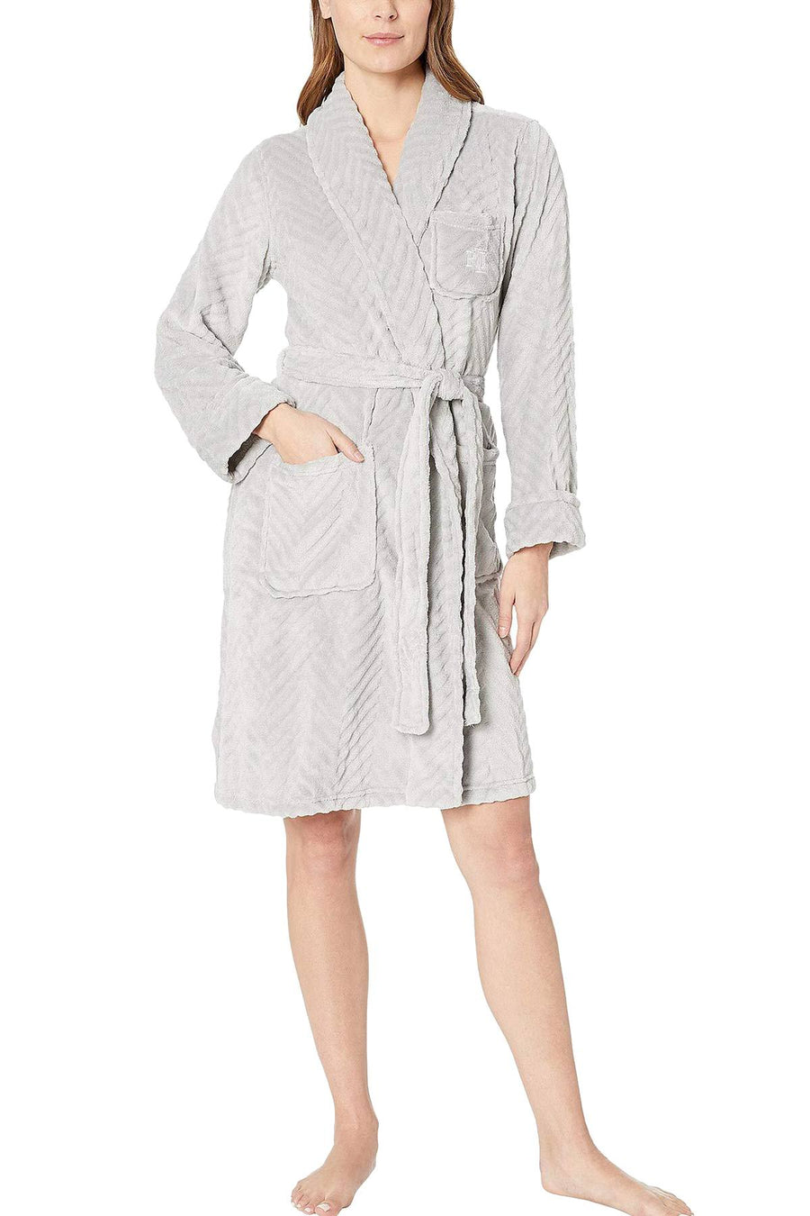 Lauren Ralph Lauren Grey Shawl-Collar Fleece Short Robe