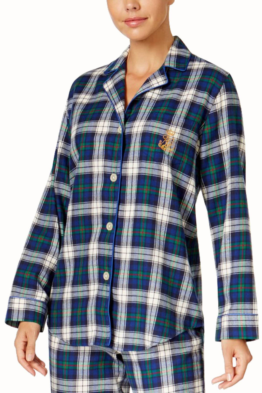 Lauren Ralph Lauren Ivory/Blue Plaid Brushed-Twill Pajama 2-Piece Set