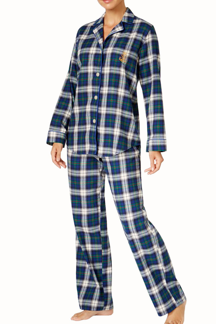 Lauren Ralph Lauren Ivory/Blue Plaid Brushed-Twill Pajama 2-Piece Set