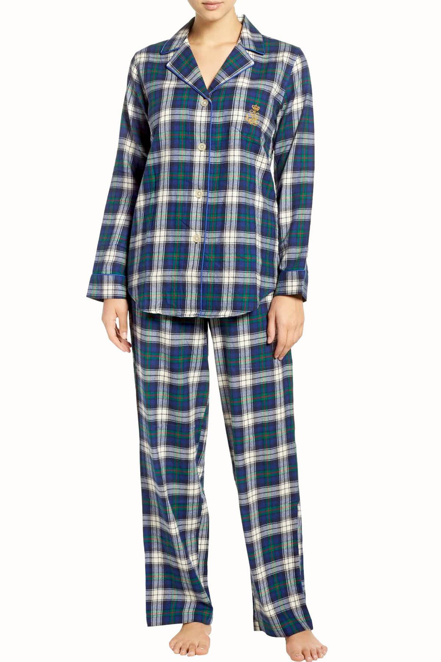 Lauren Ralph Lauren Ivory/Blue Plaid Brushed-Twill Pajama 2-Piece Set