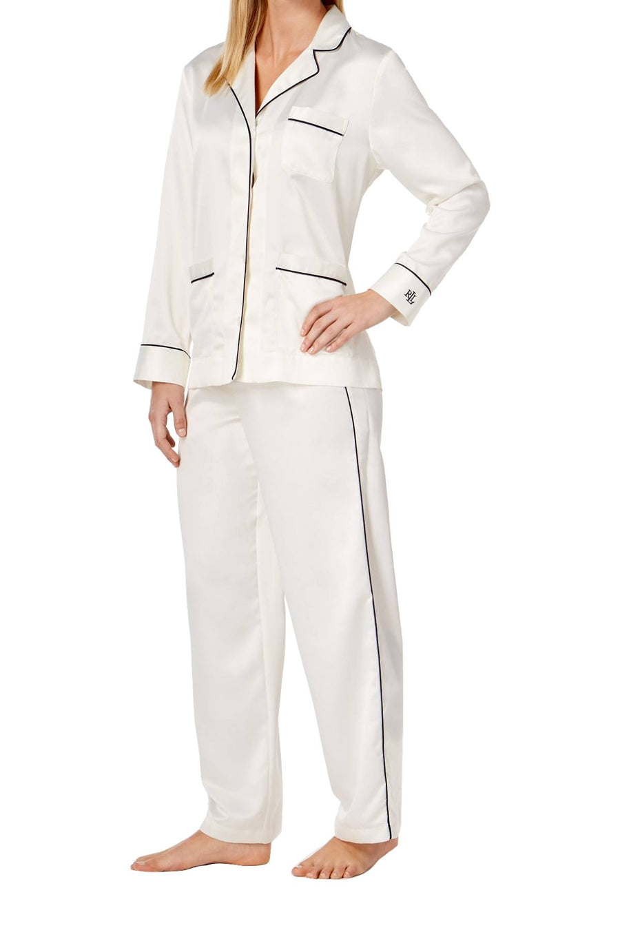 Lauren Ralph Lauren Ivory/Navy French Riviera Contrast-Piping Pajama Set