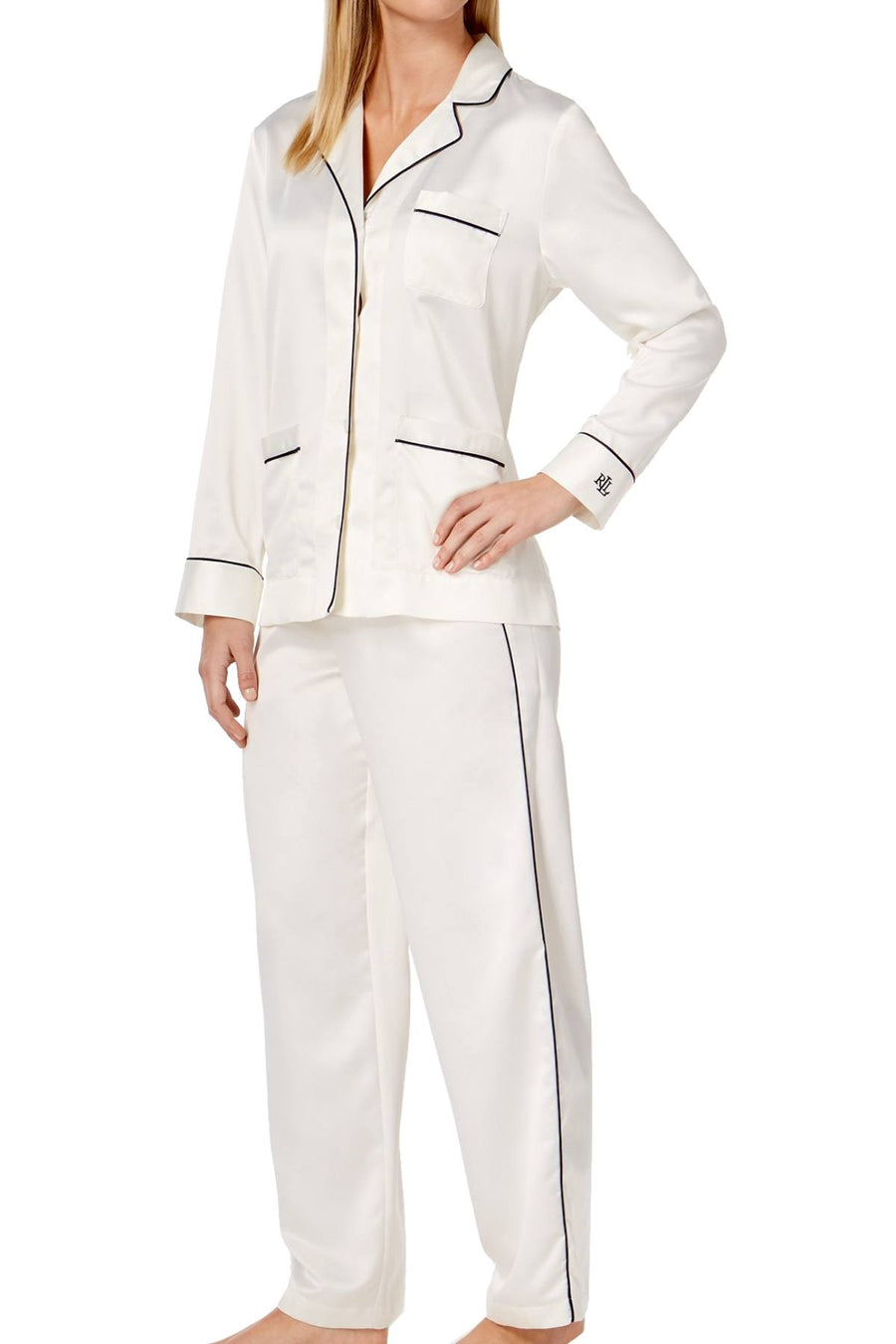 Lauren Ralph Lauren Ivory/Navy French Riviera Contrast-Piping Pajama Set