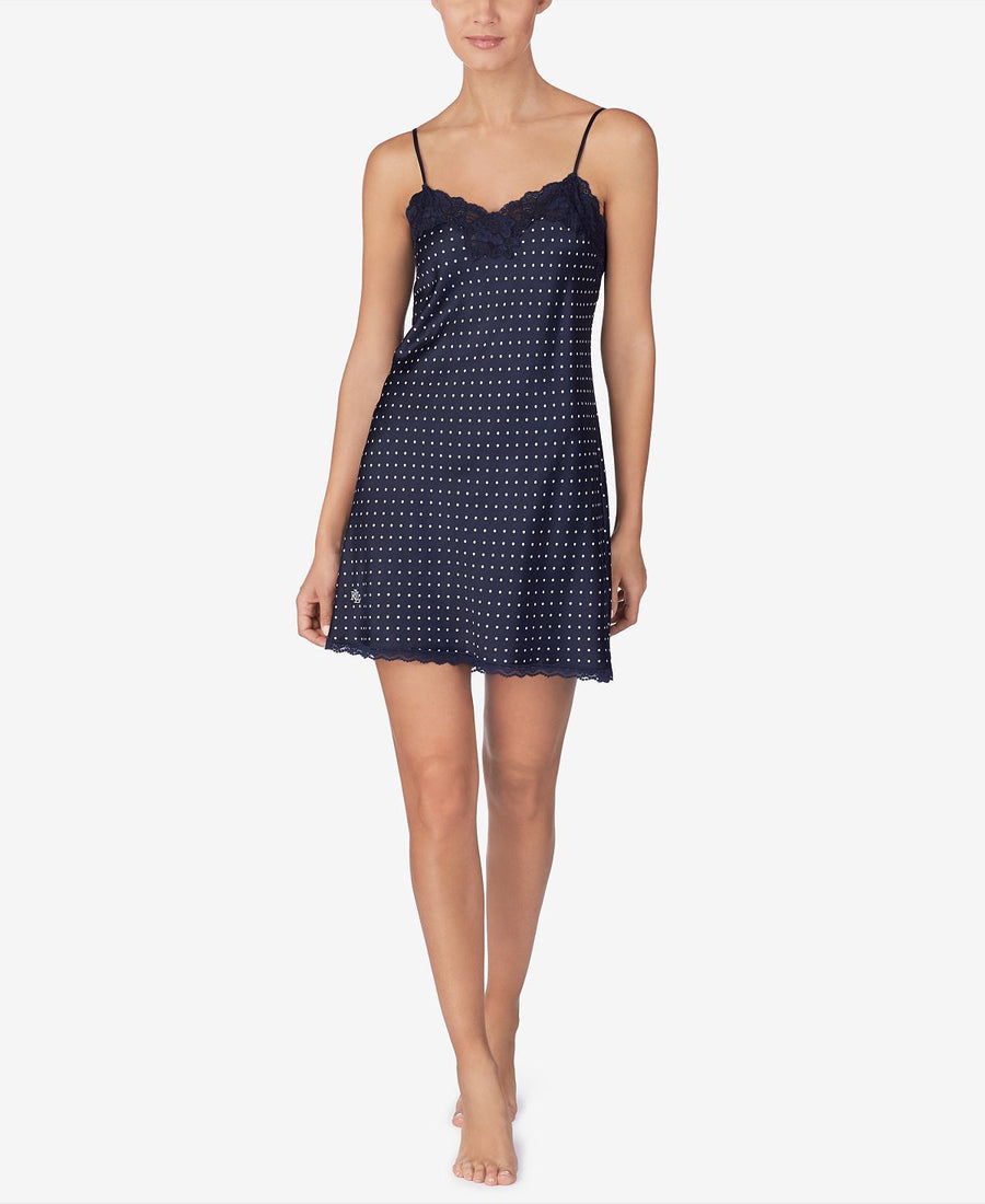 Lauren Ralph Lauren Lace-trim Satin Chemise Nightgown Navy Prt