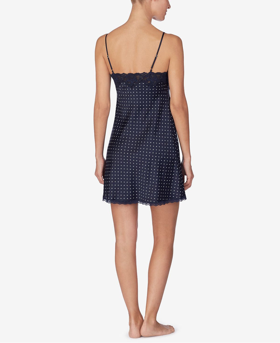 Lauren Ralph Lauren Lace-trim Satin Chemise Nightgown Navy Prt