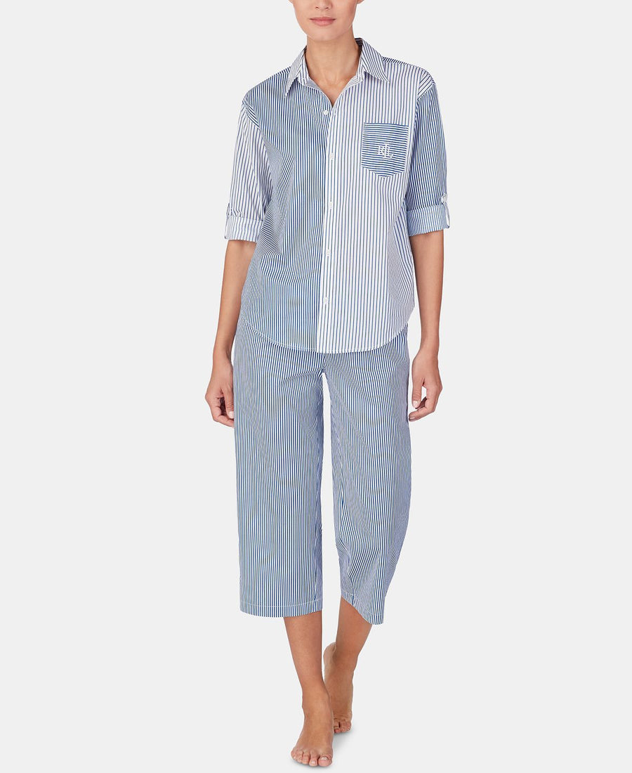 Lauren Ralph Lauren Mixed-stripe Top And Capri Pants Cotton Pajama Set Blue Stp