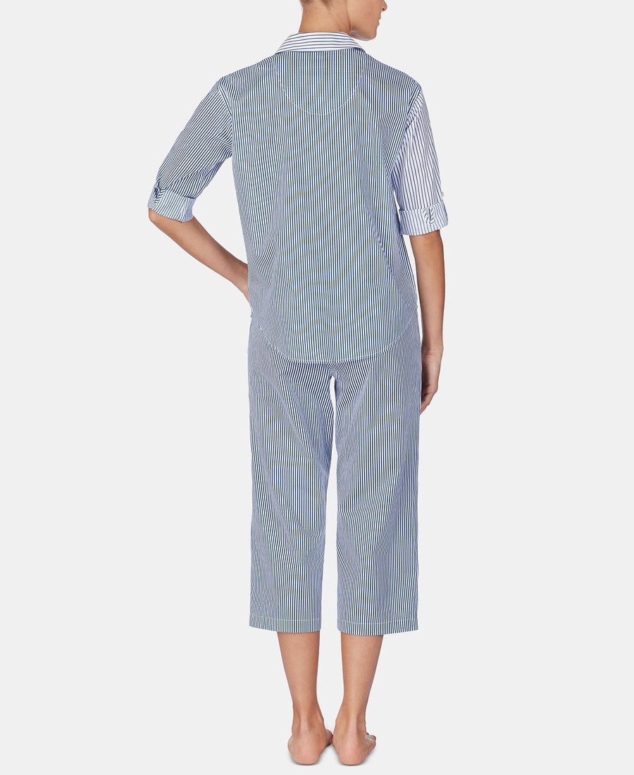 Lauren Ralph Lauren Mixed-stripe Top And Capri Pants Cotton Pajama Set Blue Stp