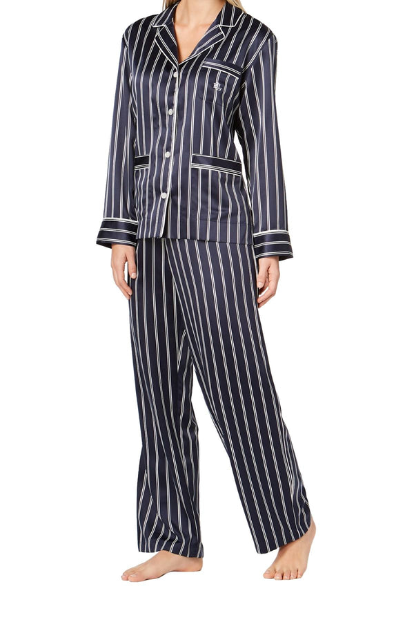 Lauren Ralph Lauren Navy-Stripe Satin Logo-Pocket Pajama Set