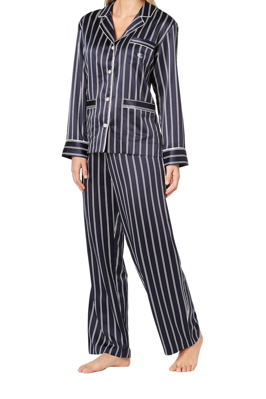 Lauren Ralph Lauren Navy-Stripe Satin Logo-Pocket Pajama Set