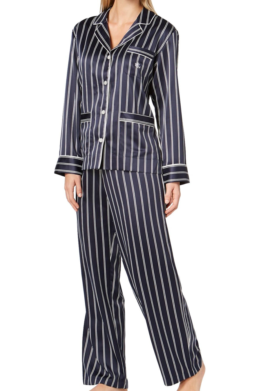 Lauren Ralph Lauren Navy-Stripe Satin Logo-Pocket Pajama Set