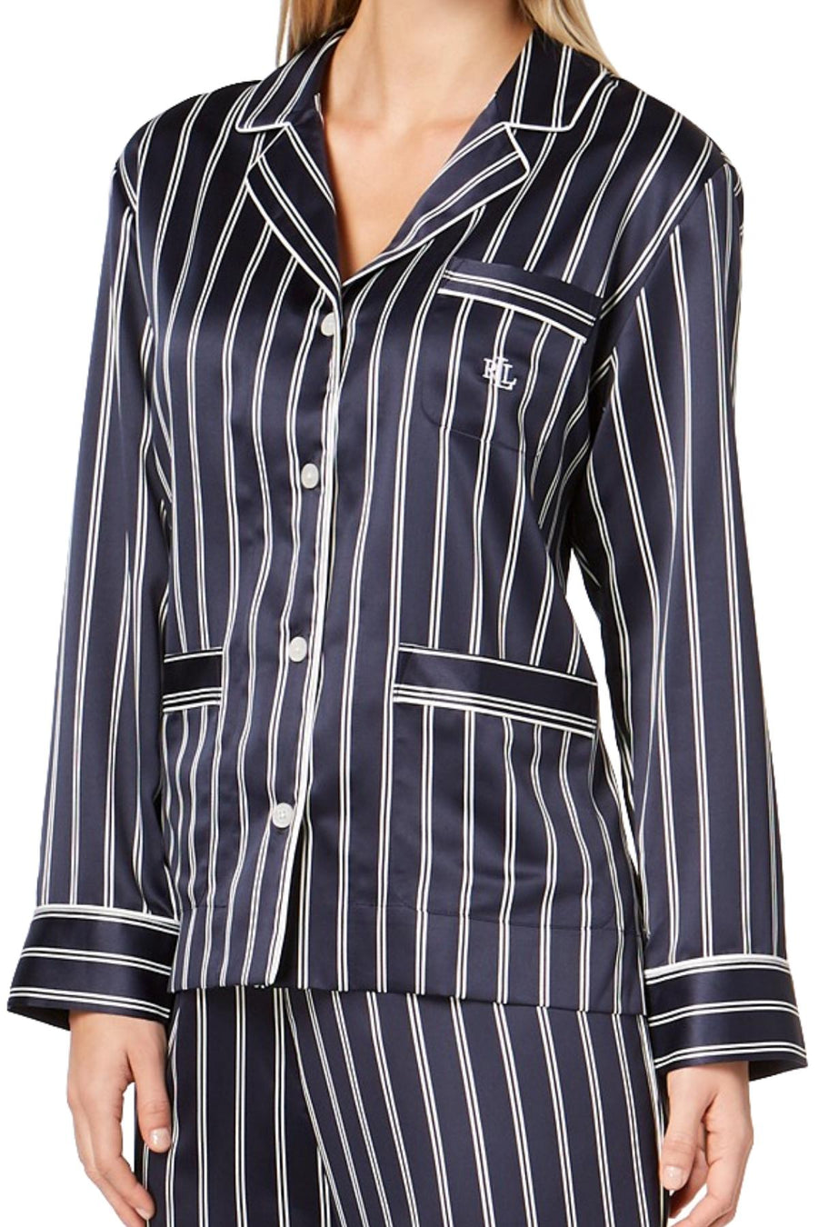 Lauren Ralph Lauren Navy-Stripe Satin Logo-Pocket Pajama Set