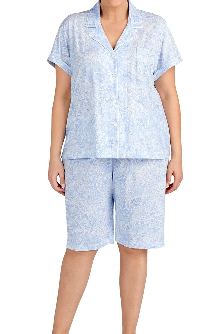 Lauren Ralph Lauren PLUS Blue-Paisley Classic Knit Bermuda Pajama Set