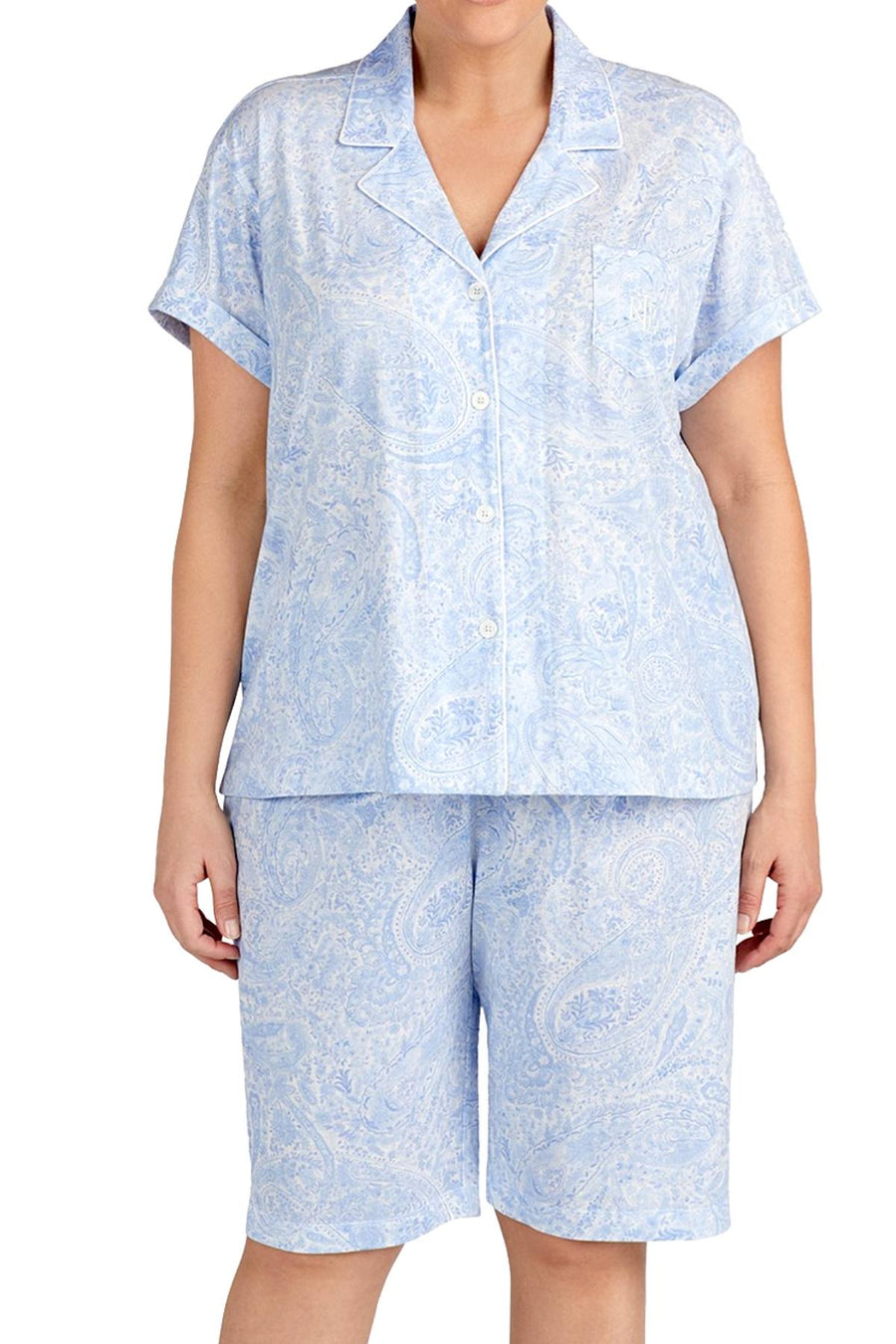 Lauren Ralph Lauren PLUS Blue-Paisley Classic Knit Bermuda Pajama Set