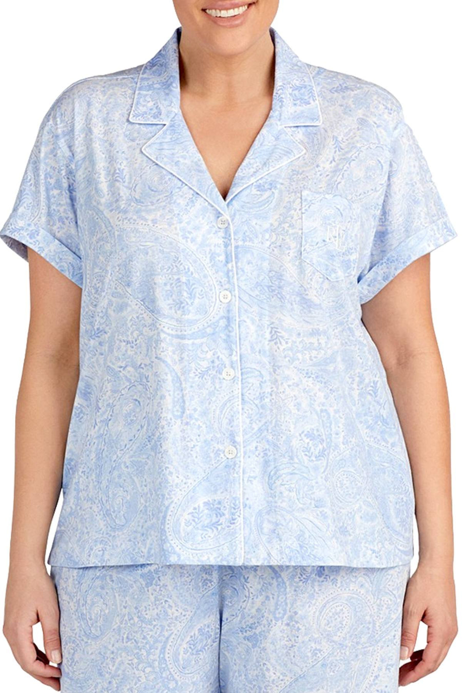 Lauren Ralph Lauren PLUS Blue-Paisley Classic Knit Bermuda Pajama Set